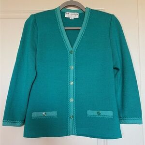 St. John Collection by Marie Gray Luxury Knit Turquoise Cardigan Sweater Size 2
